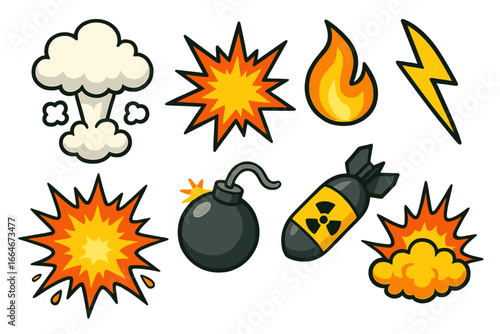 Colorful Vector Cartoon Illustration of Explosive Symbols Including Smoke Cloud, Fire Flame, Lightning Bolt, Bombs, and Explosion Icons in Graphic Design