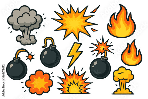 Colorful Vector Cartoon Explosive Symbols Set Including Bombs, Fire, Smoke Clouds, Lightning, and Bursting Explosions - Dynamic Comic Style Graphic Design