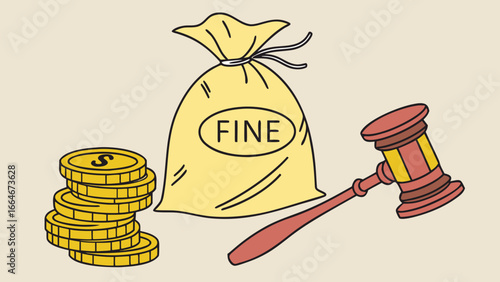 Illustration of a bag labeled 'FINE' with coins and a gavel, representing legal penalties.
