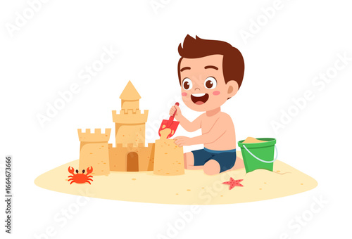 Happy Boy Building Sandcastle on Beach with Bucket and Spade Summer Fun Illustration