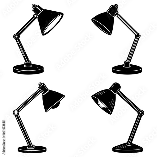 Illustration of four black adjustable desk lamps in different positions on a white background design element