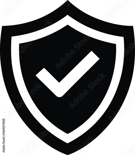 Black shield icon with white checkmark inside isolated on white background tick