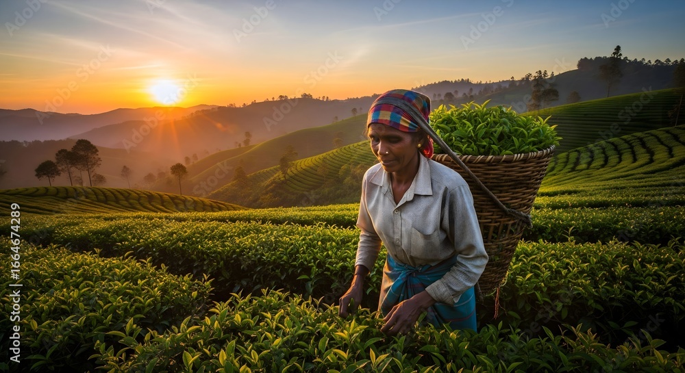 Fototapeta premium Woman harvesting tea leaves at sunrise in lush Sri Lankan plantation with golden light