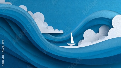 Serene Paper Cut Waves with Sailboat and Clouds in Blue Tones