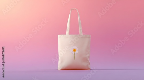 Against a pastel pink - purple gradient background, the beige tote bag is printed with a daisy pattern, presenting a fresh and sweet style full of natural charm.
