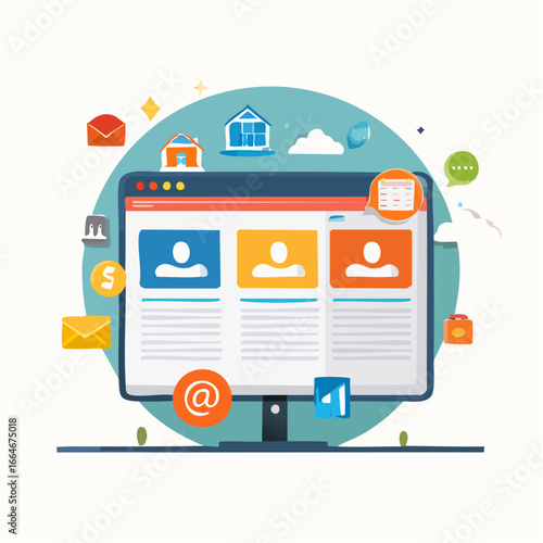 Colorful Digital Interface Displaying User Profiles and Communication Icons