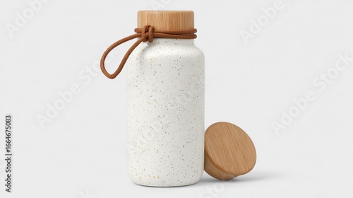 White speckled water bottle with wooden lid and brown leather string, minimalist stylish water cup design
