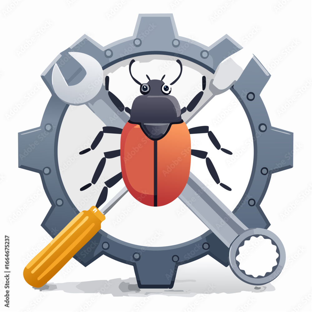 Fototapeta premium Cartoon Bug with Tools and Gear Representing Software Debugging