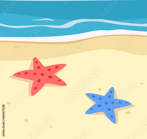 Two Starfish on a Sandy Beach with Ocean Waves Illustration in Cartoon Style