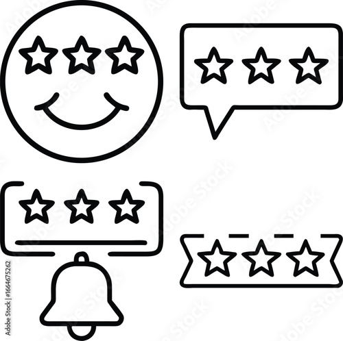 A collection of outline icons representing customer satisfaction, ratings, and feedback, including a smiley face and stars.