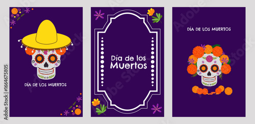 Day of the Dead Mexico poster set. National holiday September 16, Cinco de Mayo. Dia De Los Muertos. Colorful Mexican flowers. Fiesta poster party flyer greeting card. Vector illustration