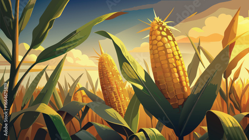 Golden cornfield at sunset with ripe cobs and green leaves