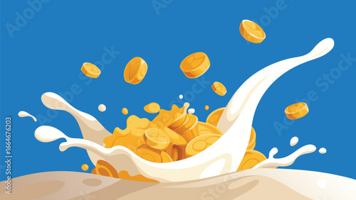 Corn flakes cereal splash with milk and blue background