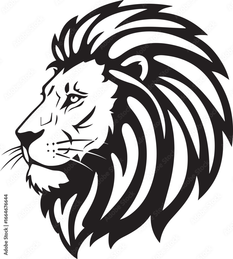 Obraz premium Black and white profile silhouette of a majestic lion's head with a flowing mane animal