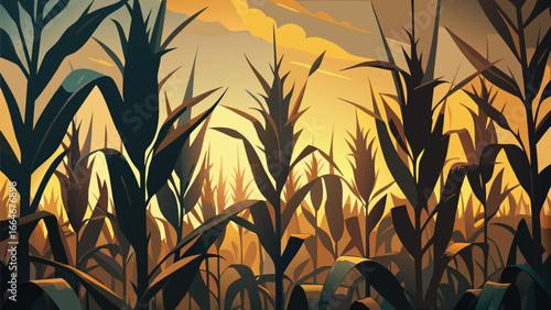 Golden hour sunlight illuminating a dense cornfield at sunset