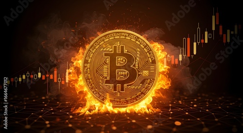 A bitcoin coin engulfed in flames with a rising stock chart in the background, symbolizing the volatile and potentially risky nature of cryptocurrency investment