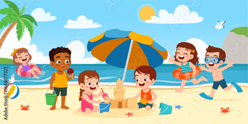 Children Playing on Beach Building Sandcastle Having Fun Sunny Day Vacation