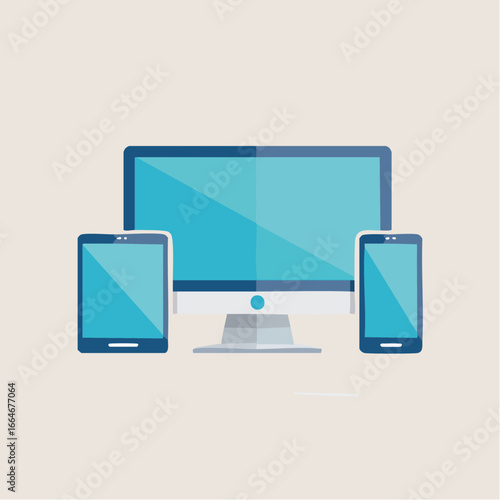 Stylized desktop computer with tablet and smartphone all displaying blue screens