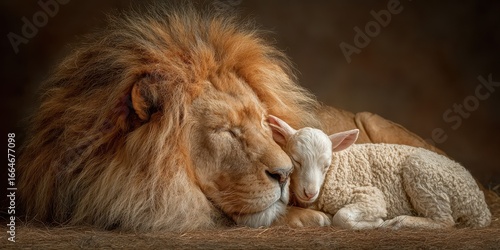 Lion peacefully resting next to a lamb in a serene setting showcasing an unlikely friendship in nature
