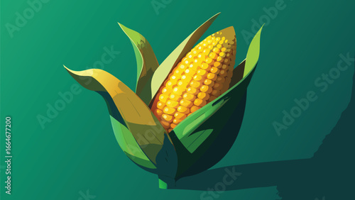 Fresh corn on the cob with green leaves and shadow