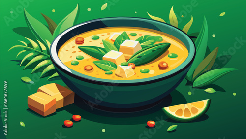Vibrant bowl of creamy yellow soup garnished with fresh green herbs and vegetables