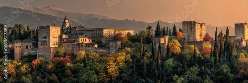 Spectacular sunset view of Alhambra palace complex surrounded by lush trees in Granada, Spain, showcasing rich architectural history