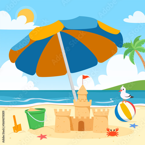 Beach Scene with Sandcastle Umbrella Ball and Seagull on a Sunny Day Cartoon Illustration