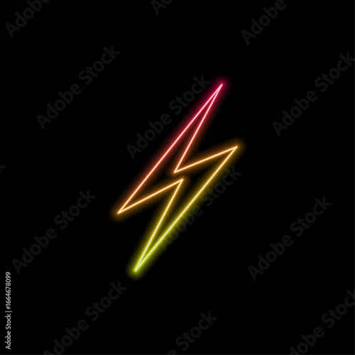 Neon lightning icon. Bright neon thunder sign, electrical discharge in vivid colors. Bright lightning, electrical storm, high voltage. Set of icons, sign, symbol for UI. vector illustration