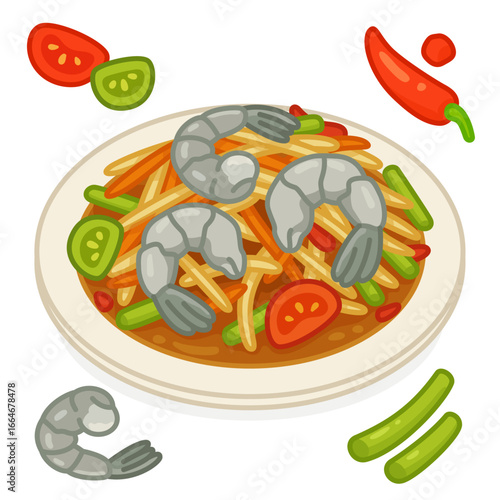 Spicy papaya salad with fermented fish sauce and field crab on top with fresh shrimp in Thai style kawaii doodle flat 2D cartoon vector illustration