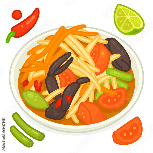 Spicy papaya salad with fermented fish sauce and field crab, bold flavor and authentic Thai style kawaii doodle flat 2D cartoon vector illustration