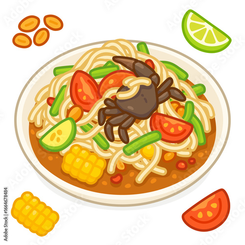 Thai papaya salad with crab and sweet corn, colorful, fresh, and bursting with flavor kawaii doodle flat 2D cartoon vector illustration