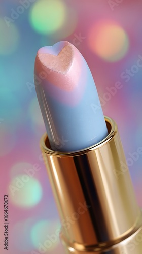 Close-up of a uniquely blended pastel lipstick bullet in a golden case with soft bokeh lights