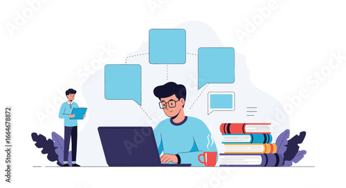 Online learning experience a person studies on a laptop next to a stack of books and a coffee cup with speech bubbles overhead