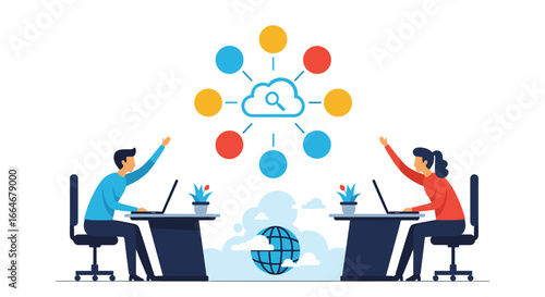 Two individuals collaborating on a cloud-based project using laptops and interconnected digital services