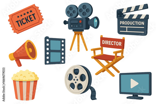 Cinema and movie making icon set. Film production elements collection. Vector cartoon symbols of camera, clapperboard, director chair, ticket, popcorn for video graphic.