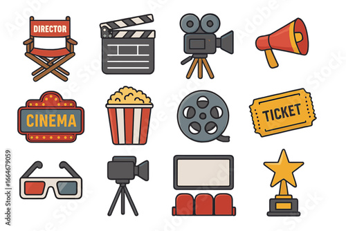 Cinema and movie production icon set. Vector cartoon illustration of film industry elements. Director chair, camera, clapperboard, popcorn, ticket, 3D glasses, award.