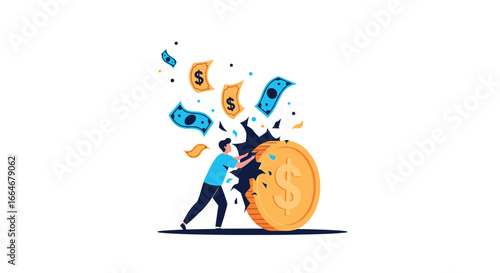 Financial ruin a businessman breaks a giant golden coin with money flying away causing economic disaster