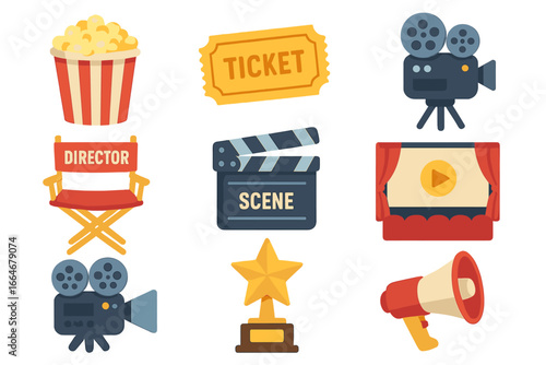 Film production colorful icons showcasing cinema and movie-making. Vector set with director chair, clapperboard, camera, popcorn, ticket, screen, megaphone, and award trophy.