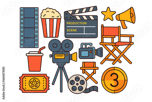Film production icon set. Movie making equipment collection. Cinema industry elements with camera, clapperboard, director chair, popcorn, ticket. Vector cartoon illustration.