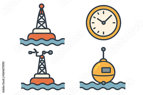 Oceanographic Buoys and Instruments Monitoring Marine Weather Conditions Vector. Floating Weather Buoy, Sea Data Sensor, Maritime Timepiece, Ocean Measurement Equipment Icon Set.