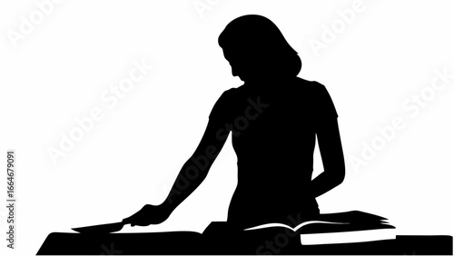 Silhouette of a person reading a book and holding a knife or letter opener in their hand on a white background