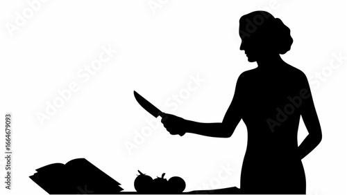 Silhouette of a woman holding a knife with a cookbook and vegetables on a table in black and white style
