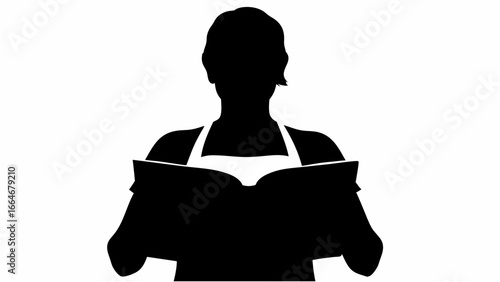 Silhouette of a woman wearing an apron and reading a book with a white background illustration art