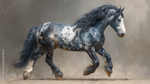 Majestic horse galloping across a dusty landscape with a dramatic background at sunset