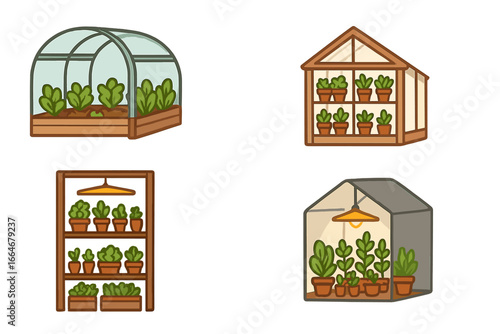 Set of greenhouse and indoor gardening icons. Vector illustrations of urban farming setups with grow lights, seedlings, and potted plants. Home cultivation and horticulture concept.