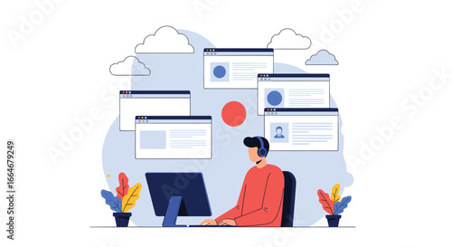 Customer support agent working on computer with multiple browser windows and cloud icons representing digital connectivity and online services