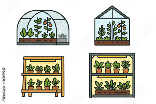 Set of greenhouse and indoor gardening icons. Urban farming, plant cultivation with grow lights. Home garden, hothouse and vertical farm vector cartoon illustration collection.