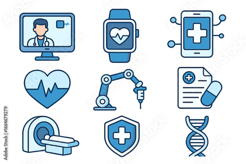 Health technology icon set with medical innovation concepts. Telemedicine, digital health, medical robotics, genetics, diagnostics, and E-health cartoon vector illustrations.