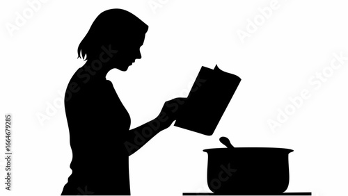 Silhouette of a woman reading a book while cooking with a pot and spoon on a table in black and white