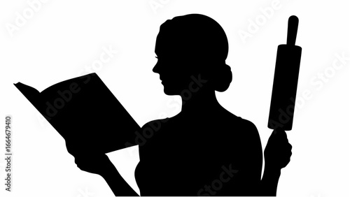 Silhouette of woman reading a book while holding a rolling pin in her hand on a white background
